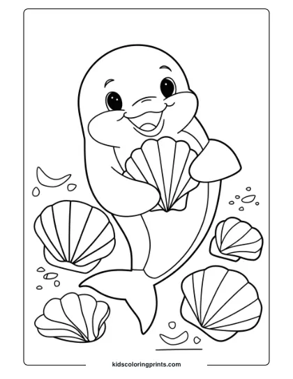 A Cute Dolphin With A Collection Of Shiny Seashells, An Engaging Coloring Page.