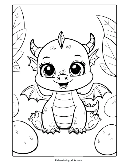 A Cute Dragon Coloring Page Featuring A Small Dragon Protecting Its Eggs In A Peaceful Setting.