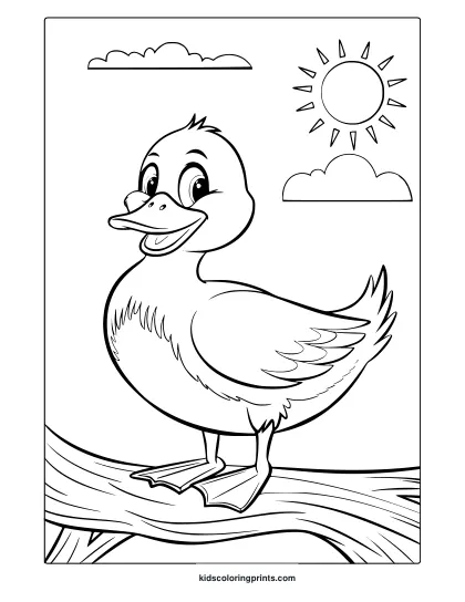 A Cheerful Duck With Clouds And Sun Above Makes This Cute Summer Duck Coloring Page Feel Bright And Fun.