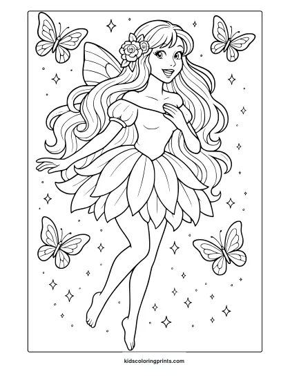 Cute Fairy Coloring Page With Long Hair, Flower Dress, Butterflies, And Stars.