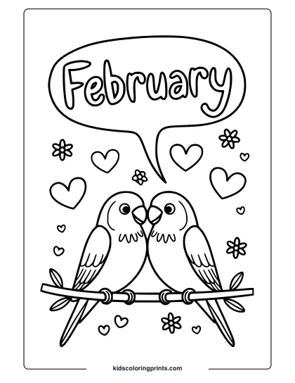 A Playful February Coloring Page With Birds, Hearts, And Flowers, All About Love.