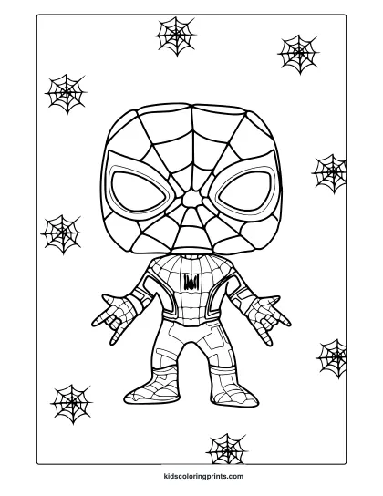 Cute Spider-Man Coloring Page In Funko Pop Style With Web Elements And Big-Eye Mask.