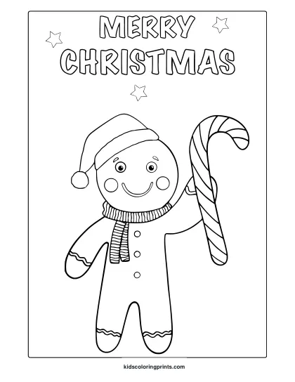 Cute Gingerbread Man Coloring Page With Santa Hat, Striped Scarf, And Candy Cane.