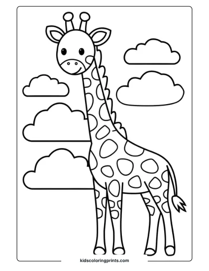 Giraffe With Clouds In A Whimsical Coloring Page, Ideal For Imaginative Children.