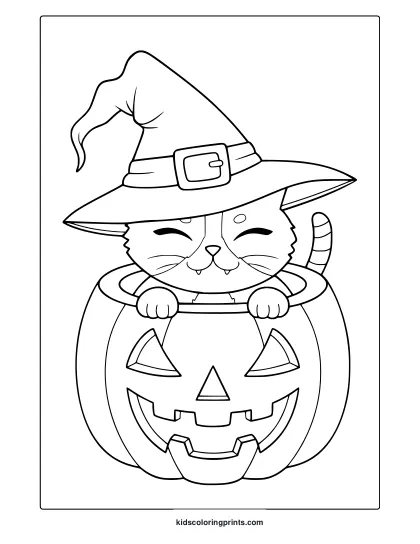 Cute Halloween Cat Coloring Page With Smiling Cat In Witch Hat Sitting Inside A Carved Pumpkin.