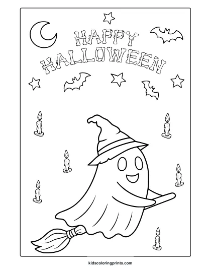 Cute Halloween Ghost With Broom, Bats, Moon, And Stars In A Fun Halloween Coloring Page.