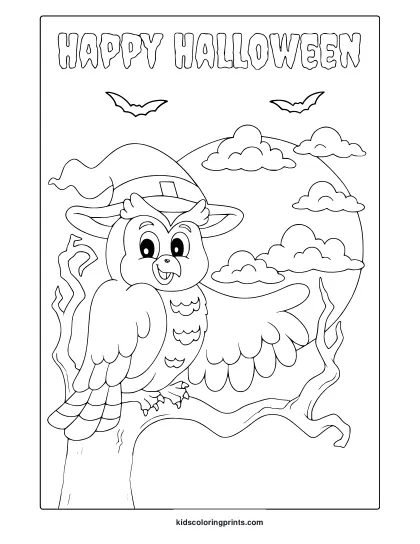 Cute Halloween Owl Coloring Page With Cartoon Owl On A Branch, Full Moon, Bats And “Happy Halloween” Text.