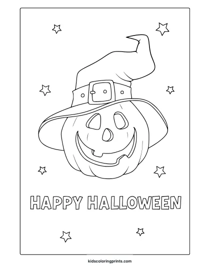 Cute Halloween Pumpkin Coloring Page With Jack O Lantern In Witch Hat, Happy Face And Stars Around.