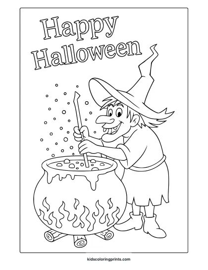 Cute Halloween Witch Coloring Page With Happy Cartoon Witch, Bubbling Cauldron And “Happy Halloween” Text.