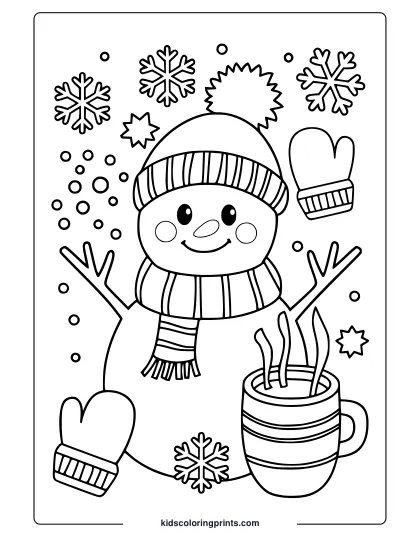 Cheerful Snowman With A Hot Drink And Winter Elements Like Snowflakes And Mittens In This Cute January Coloring Page.
