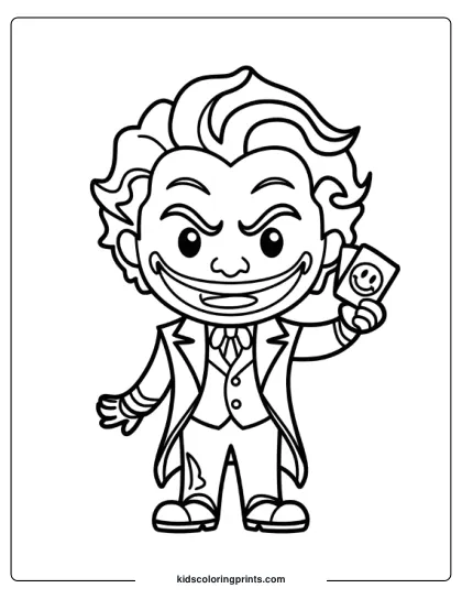A Cartoonish Version Of The Joker Holding A Smiling Card, With Wavy Hair And A Wide Grin, Set In A Simple, Monochromatic Background.
