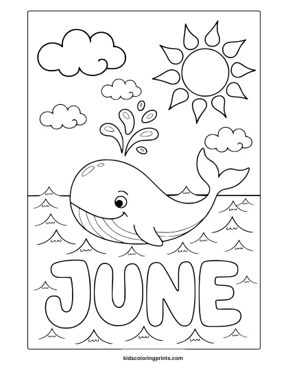 Cute Whale Coloring Page With Sunshine, Clouds, And The Word &Quot;June&Quot; In A Joyful Marine Setting.