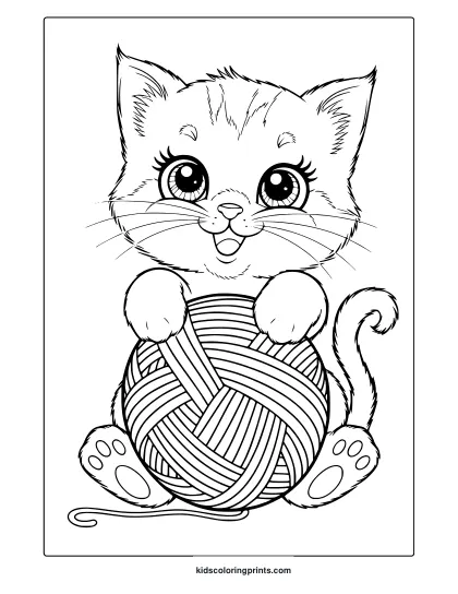 Cute Kawaii Cat Coloring Page With A Kitten Holding A Yarn Ball, Its Tail Curled Around For A Charming And Relaxing Coloring Experience.
