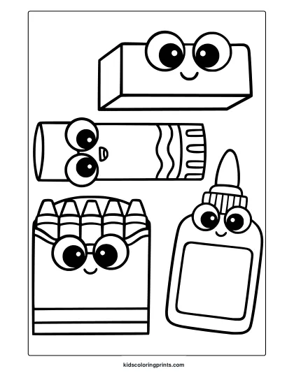 Coloring Page With Kawaii Glue, Eraser, Crayon, And Crayon Box Characters.