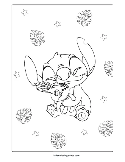 Cute Kawaii Stitch Coloring Page With Plush Toy, Surrounded By Monstera Leaves And Scattered Five-Pointed Stars.