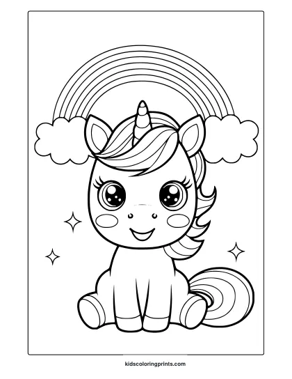 Cute Kawaii Unicorn Coloring Page Featuring A Unicorn Under A Rainbow With Sparkles And Clouds For A Whimsical Coloring Activity.