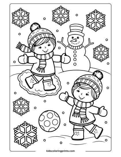 A Playful February Scene With Two Kids And A Snowman, Full Of Winter Fun.