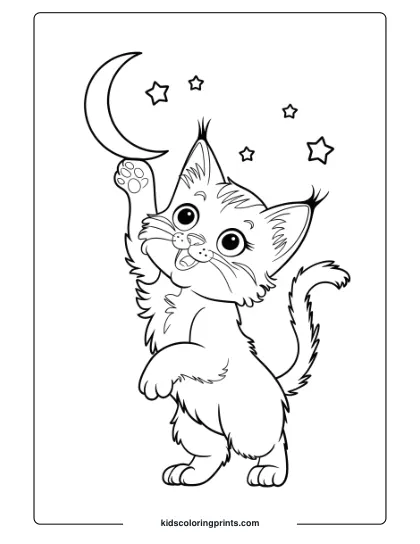 A Playful Kitten Reaching Toward The Moon With Stars, Creating A Dreamy Coloring Page Scene.