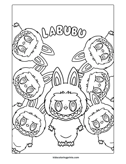 Labubu And Five Mini Versions With Big Eyes And Sharp Smiles In A Charming Coloring Page.