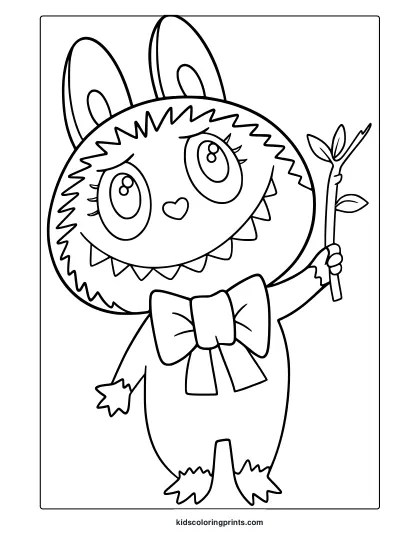 Labubu Holding A Leafy Branch While Smiling In This Soft And Adorable Coloring Page.
