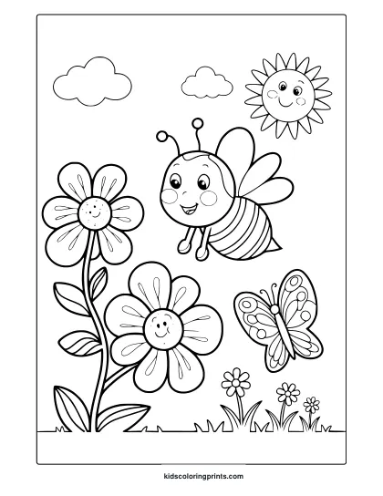 A Cute May Coloring Page With A Smiling Bee, Cheerful Flowers, A Bright Sun, A Butterfly, And Fluffy Clouds In The Background.