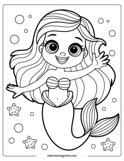 Cute Mermaid Swimming Underwater With Bubbles And Starfish In This Playful Coloring Page.