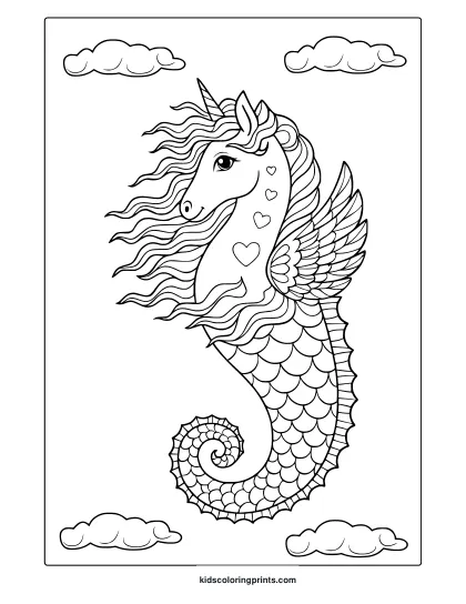 Mermaid Unicorn With Flowing Mane And Heart Patterns In A Fantasy Style Coloring Page.