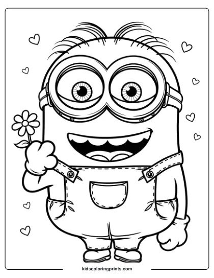 A Minion Coloring Page Showing A Smiling Minion With A Flower, Surrounded By Hearts, Perfect For Love-Themed Creativity.