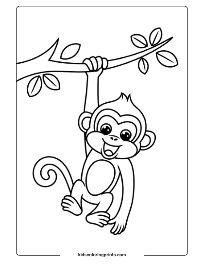 Coloring Page Of A Playful Monkey Dangling From A Branch With Wide Eyes And A Cheerful Expression.