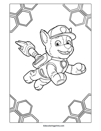 Cute Character Coloring Page From Paw Patrol Wearing A Firefighter Outfit With A Hexagon Background Pattern.
