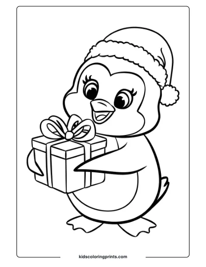 A Penguin Holding A Gift With A Santa Hat, A Festive Holiday Penguin Coloring Page.