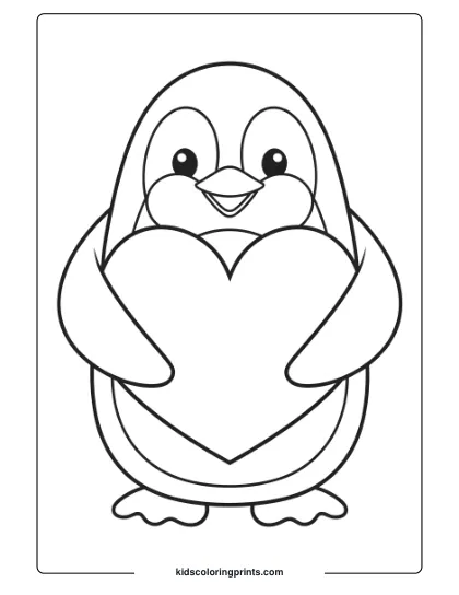 A Penguin Holding A Valentine’s Heart With A Loving Smile, A Charming Penguin Coloring Page For Valentine's Day.
