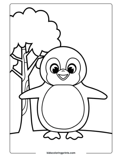 A Penguin Beside A Tree, Perfect For A Simple Nature-Themed Penguin Coloring Page.