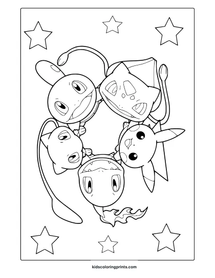 A Cute Pokemon Coloring Page Features Five Cute Pokemon Characters In A Starry Circular Design.