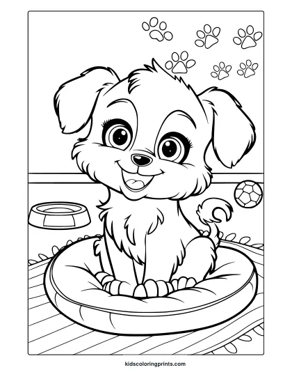 A Cute Fluffy Puppy On A Cushion With Paw Prints And Toys. A Perfect Playful Puppy Coloring Page For Kids And Adults.