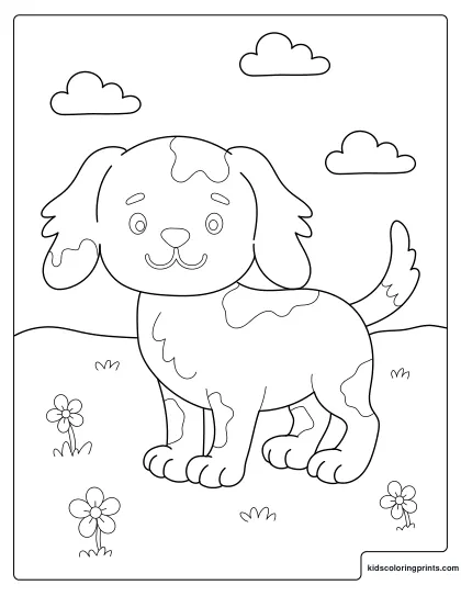Puppy Coloring Page Showing A Small Dog Standing On Grassy Hills With Flowers Around.