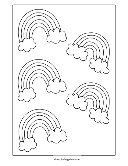 Cute Rainbows Coloring Page Featuring Multiple Small Rainbows With Clouds.