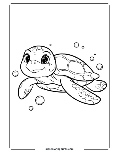 Realistic Turtle Coloring Page, Featuring A Turtle In The Ocean With Bubbles, Perfect For An Underwater Theme.