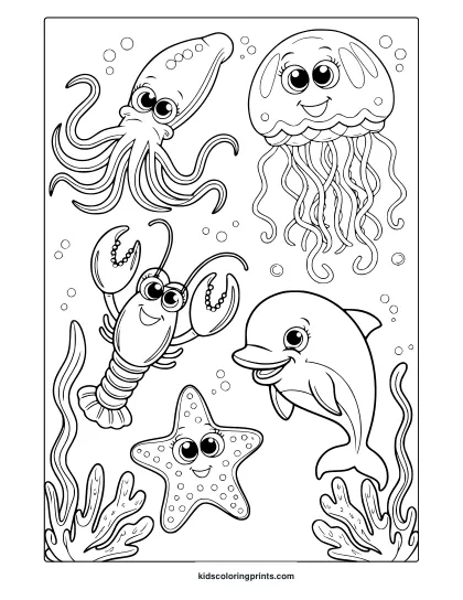 Jellyfish, Octopus, Dolphin, And More Swim Together In This Cute Sea Animals Summer Coloring Page.