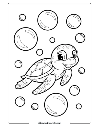 Cute Sea Turtle With Bubbles Coloring Page, Featuring A Cheerful Turtle Swimming Underwater.