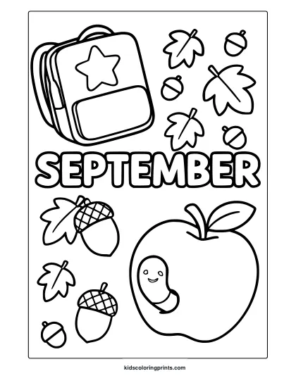 Cute September Coloring Page With Backpack, Apple, Smiling Creature, Leaves, And Acorns In Black And White.