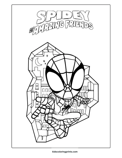 Cute Spider-Man Coloring Page With Cityscape And &Quot;Spidey And His Amazing Friends&Quot; Text.