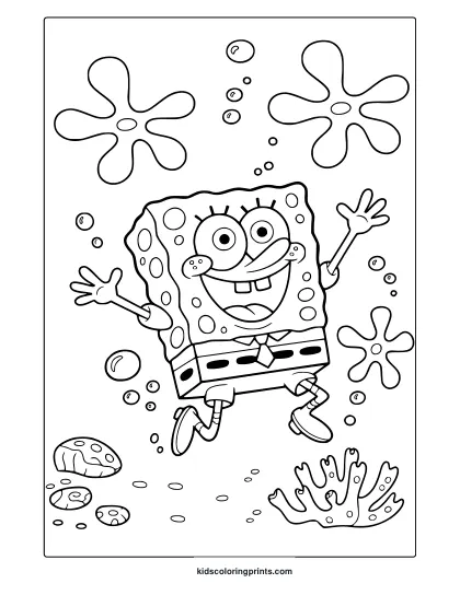 Cute Spongebob In A Joyful Coloring Page With Starfish, Bubbles, Coral, And Underwater Rocks.