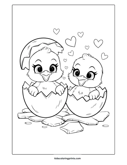 Spring Coloring Page Featuring Cute Hatching Chicks With Broken Eggshells And Hearts, Perfect For A Fun And Festive Activity.