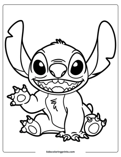 Stitch Is Seated With A Big Smile In This Cute Coloring Page.