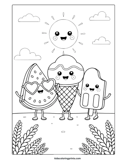 A Watermelon, Ice Cream, And Popsicle Enjoy The Sun In This Cute And Fun Summer Coloring Page.