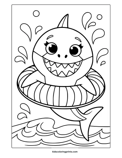 A Smiling Shark Floats In A Striped Inflatable Ring In This Fun And Cute Summer Shark Coloring Page.