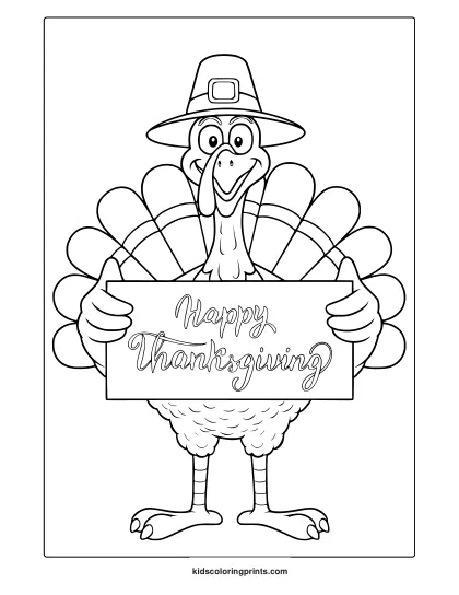 Cute Thanksgiving Turkey Coloring Page With Pilgrim Hat, Sign, And Feather Fan Design.