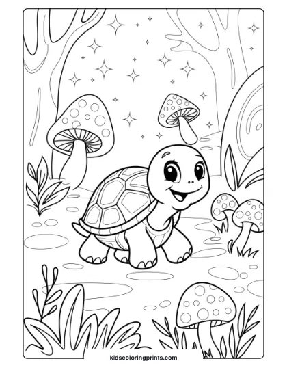 Cute Turtle In A Forest Coloring Page, With A Whimsical Landscape Of Stars And Lush Surroundings.