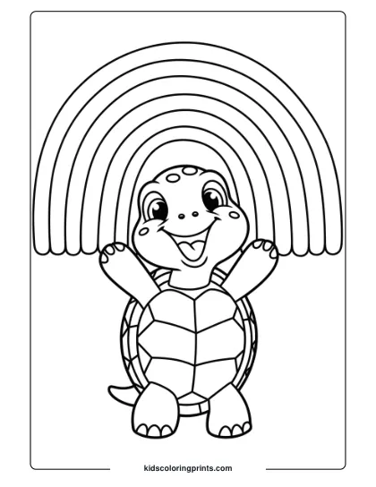 Cute Turtle With A Rainbow Coloring Page, Featuring A Happy Turtle Celebrating Under Bright Colors.